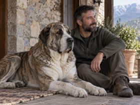Central Asian Shepherd resting near its owner